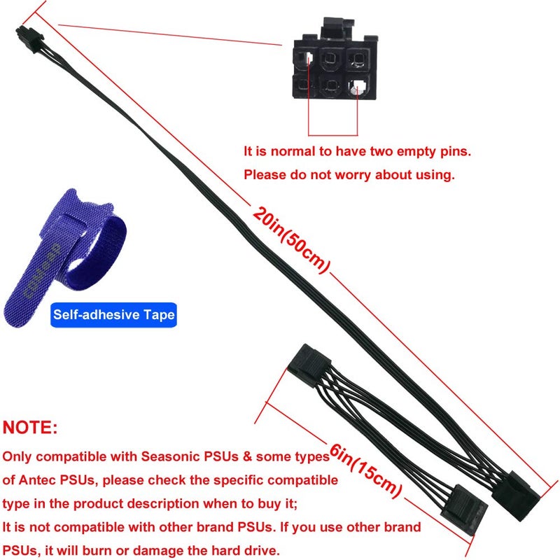 COMeap Molex Power Cable for Seasonic Antec PSUs, 6 Pin to 3X 4 Pin Molex Hard Drive Power Adapter Splitter for BTC Mining Riser Card 20-in(50cm) - Image 2